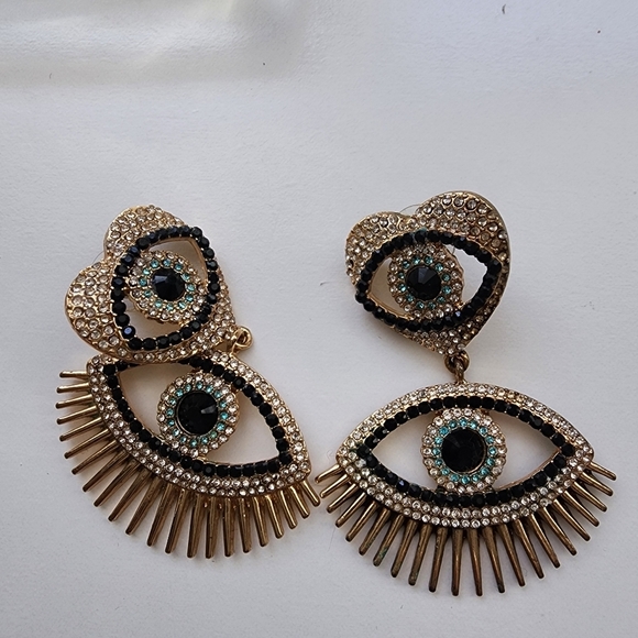 Evil Eye Gold Crystal Heat Large Earings - Picture 1 of 5